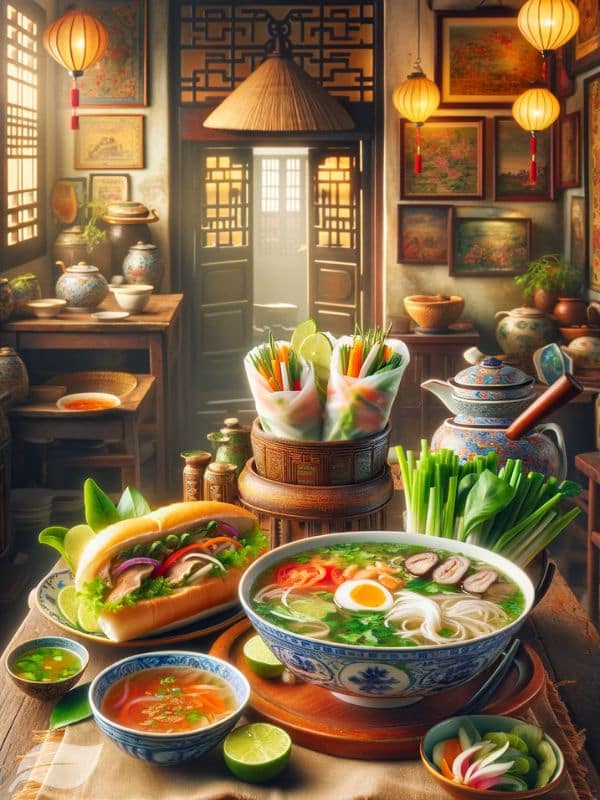 a traditional Vietnamese table set with iconic dishes such as Pho, Banh Mi, and Goi Cuon.