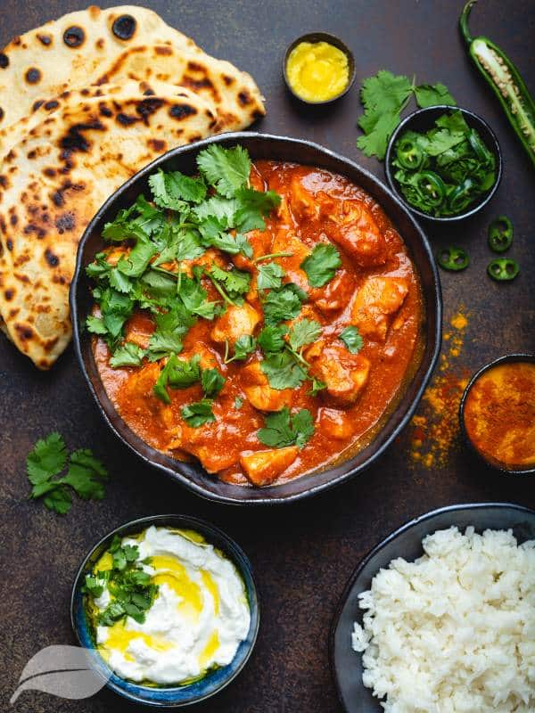Chicken Tikka Masala with rice and naan bread