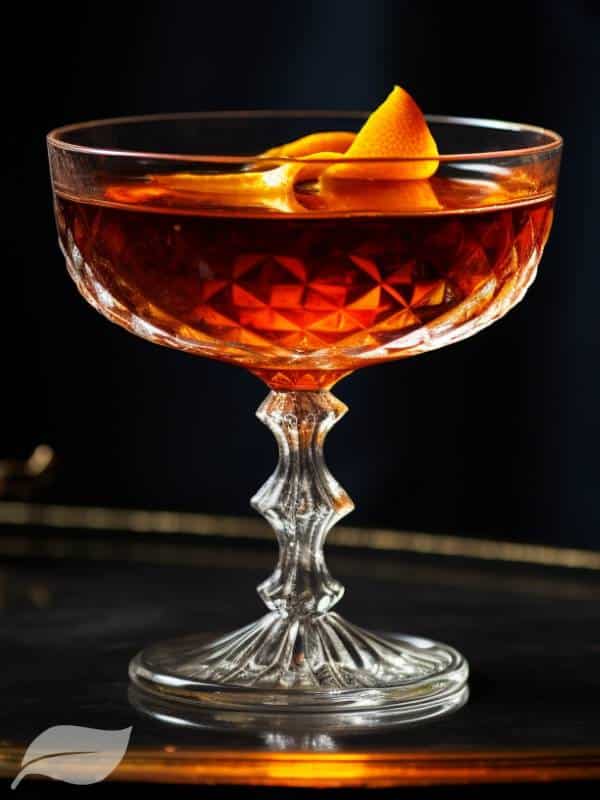 Hank-panky cocktail with pieces of orange garnish