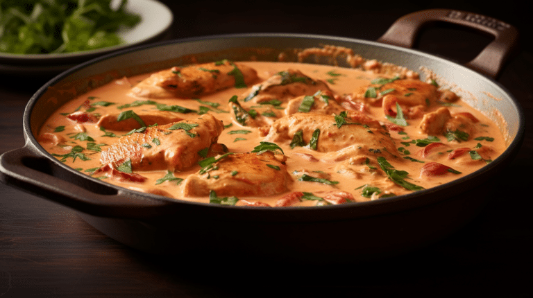 Moment when the grilled chicken is added to the luscious tomato cream sauce in the pot. Highlight the fusion of flavors.