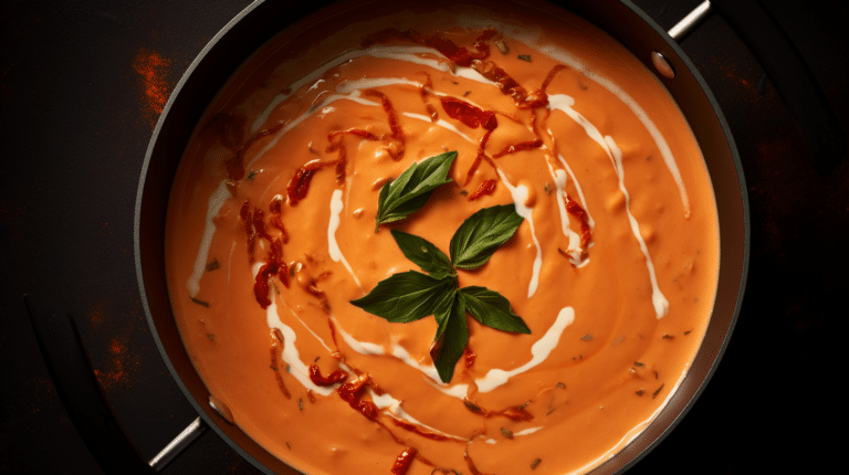 Pot with tomato puree, cream, and aromatic spices coming together to form a creamy and flavorful sauce. Emphasize the creamy texture