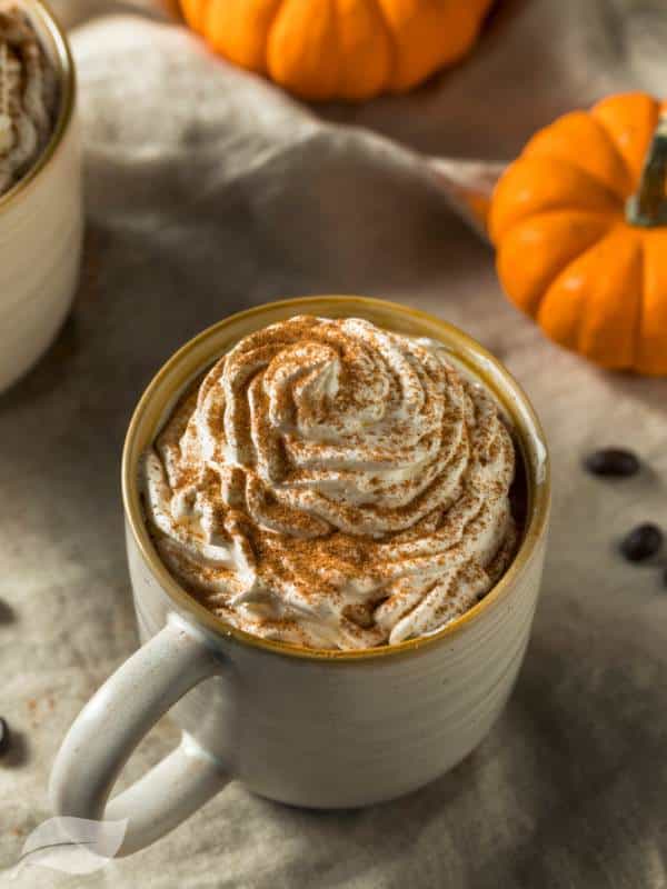Pumpkin Spice Latte in brown mug elevated view