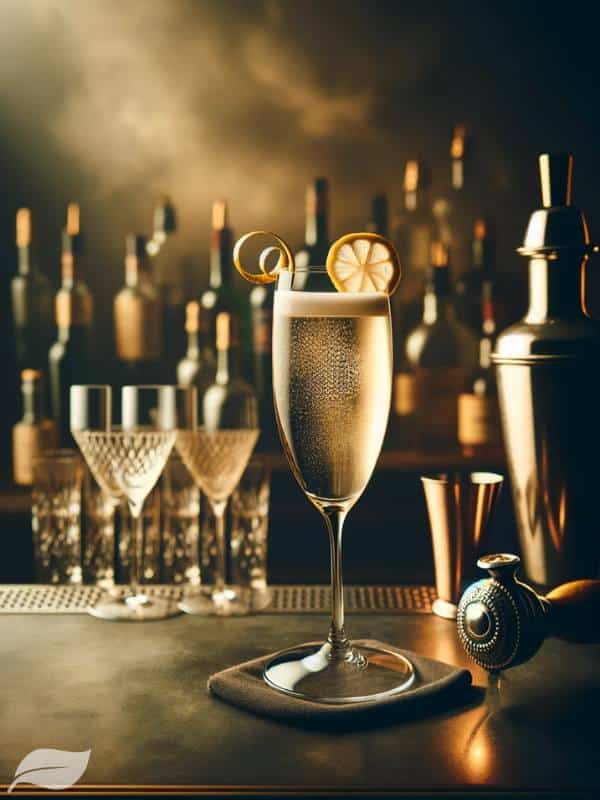 a champagne flute filled with the French 75 cocktail, elegantly positioned on a bar with dim lighting to highlight its sophistication and allure