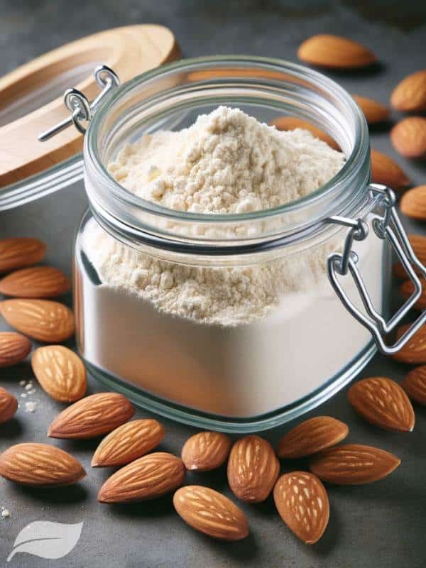 Almond Flour stored in a clear glass jar with a wooden lid. A handful of whole almonds are scattered around the jar