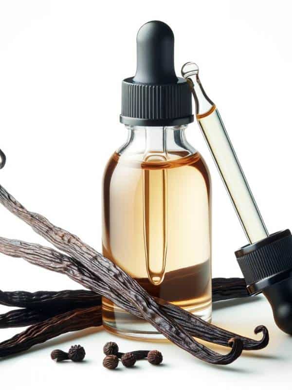 Aromatic Vanilla Extract presented in a slender glass bottle with a dropper. Vanilla pods, with their seeds visible