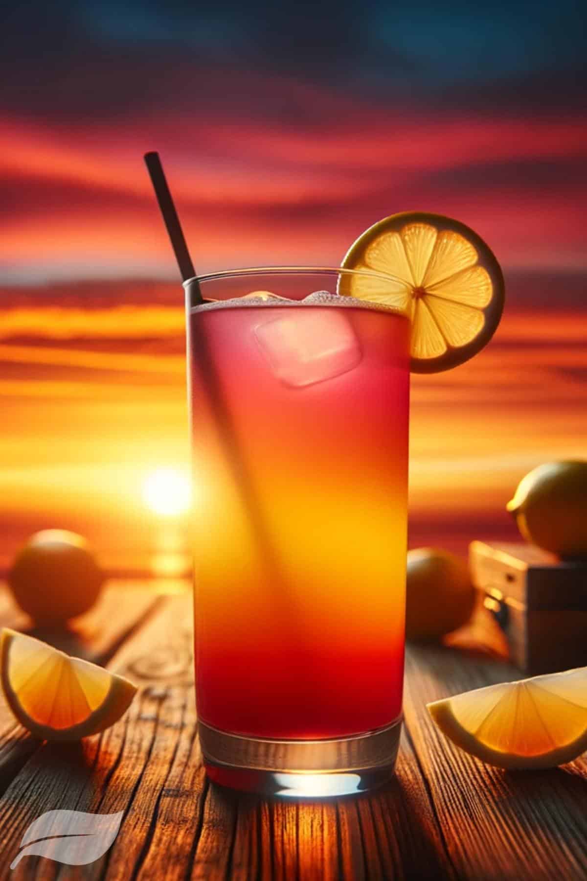 Classic Sunrise Cocktail in a highball glass, set against a sunset backdrop.