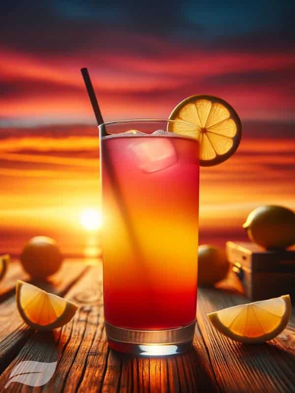 Classic Sunrise Cocktail in a highball glass, set against a sunset backdrop. The vibrant colors of the sunset complement the gradient of the cocktail