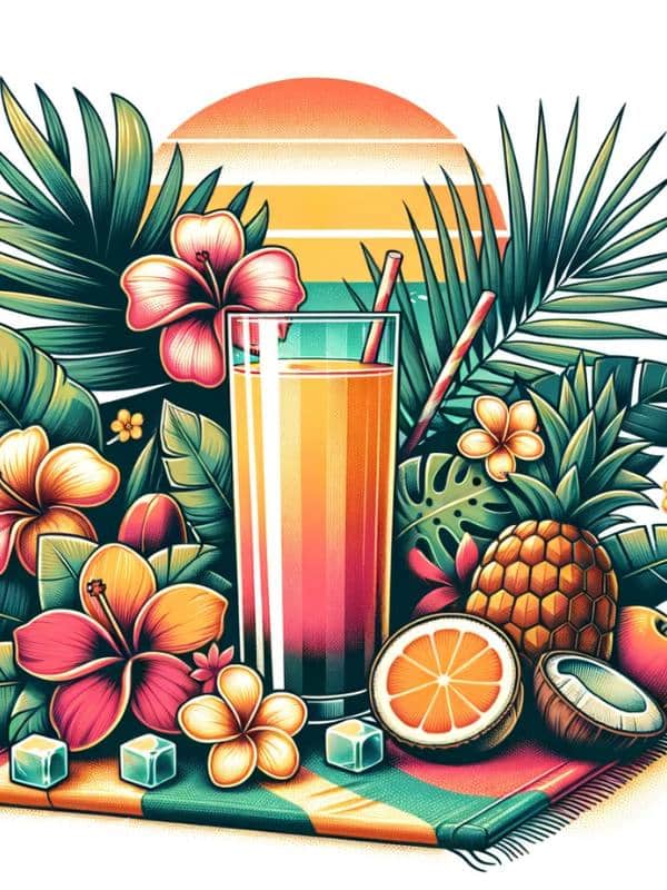 Classic Sunrise Cocktail surrounded by tropical elements. The highball glass is placed on a colorful cloth, with tropical flowers