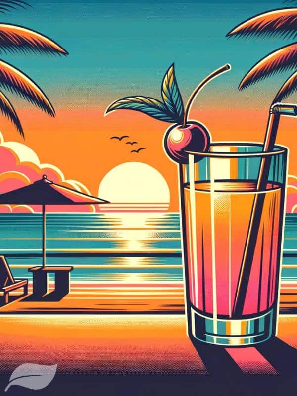 Classic Sunrise Cocktail with a beach backdrop. The highball glass sits on a table with a view of a sunrise over the ocean