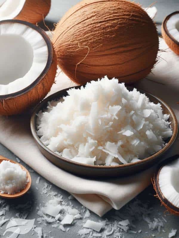 Coconut Flakes spread on a white plate with a coconut half nearby, showcasing their texture and tropical nature
