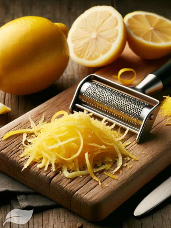 Freshly grated lemon zest on a rustic wooden board. Beside it lies a whole lemon and a stainless-steel zester tool, all emphasizing the tanginess