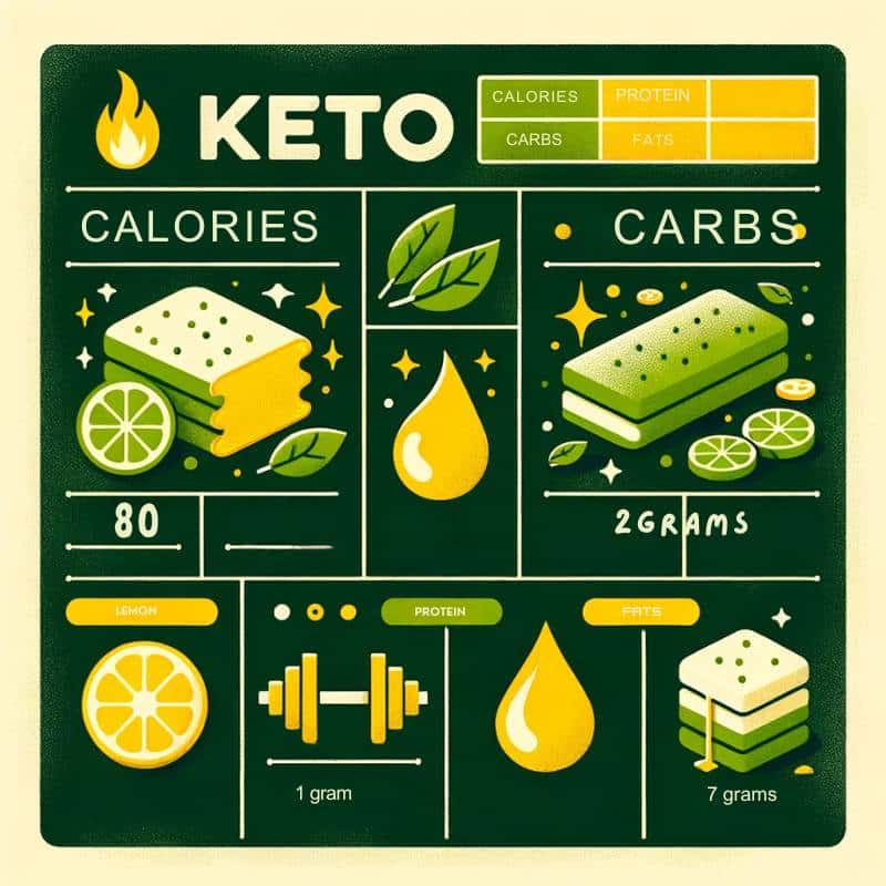 Infographic showcasing the Nutrition Values of Keto Lemon Matcha Coconut Bites. The infographic has sections for Calories, Carbs, Protein, and Fats