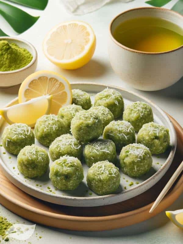 Keto Lemon Matcha Coconut Bites arranged on a plate with a cup of green tea on the side and lemon slices for decoration.