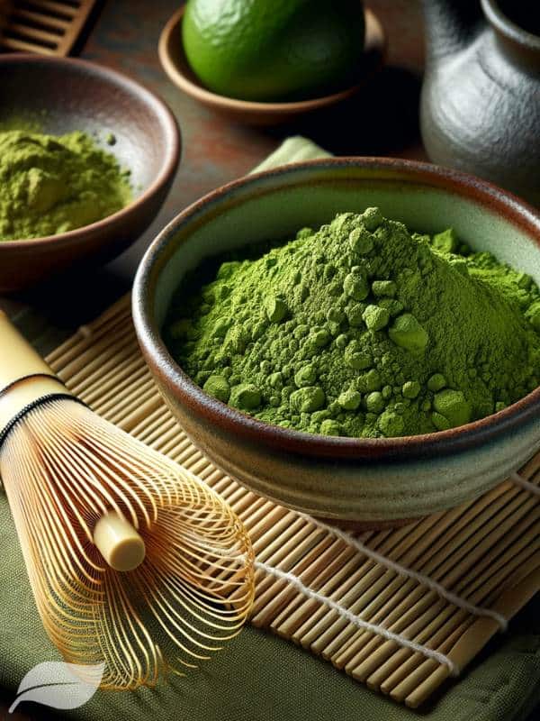 Matcha Green Tea powder in a ceramic bowl on a bamboo mat, with a traditional bamboo whisk next to it, emphasizing its earthy flavor and vibrant color
