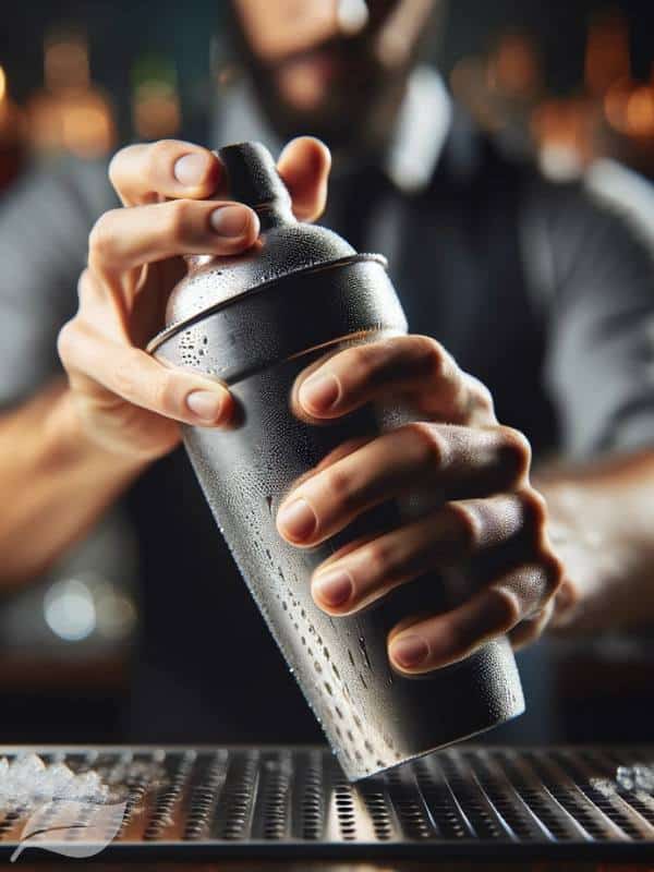 a bartender's hands gripping a frosty stainless steel cocktail shaker, mid-shake. The background is a blurred bar setting to emphasize the motion