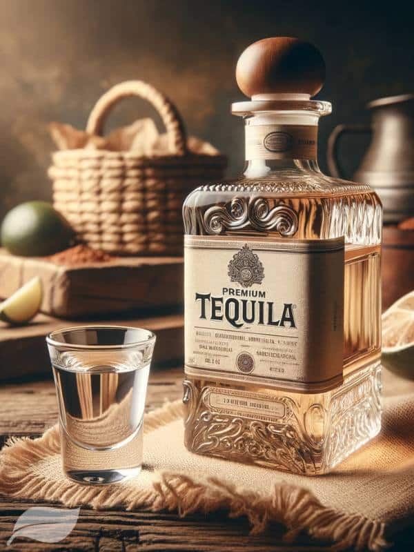 a bottle of premium tequila with a rustic background.