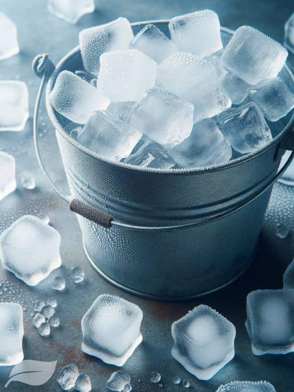 a bucket filled with crystal clear ice cubes, placed on a cool, frosty surface.