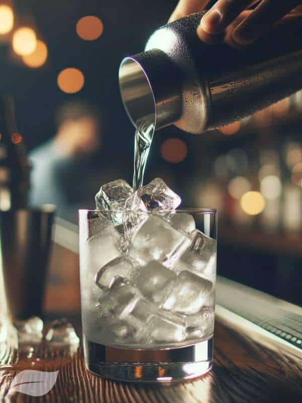 a chilled mixture being poured from a cocktail shaker into a highball glass filled with ice.