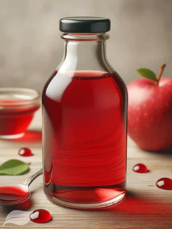 a clear glass bottle filled with vibrant red grenadine syrup.