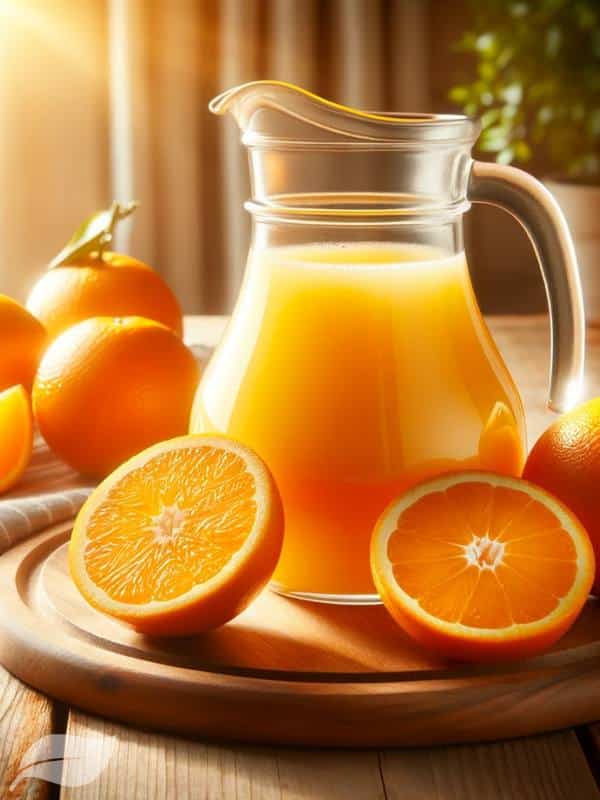 a jug filled with fresh orange juice, surrounded by freshly cut oranges on a wooden table.