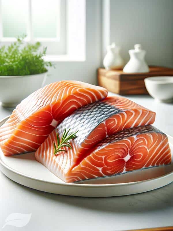 4 salmon fillets, each about 6 oz, displayed elegantly on a white plate.