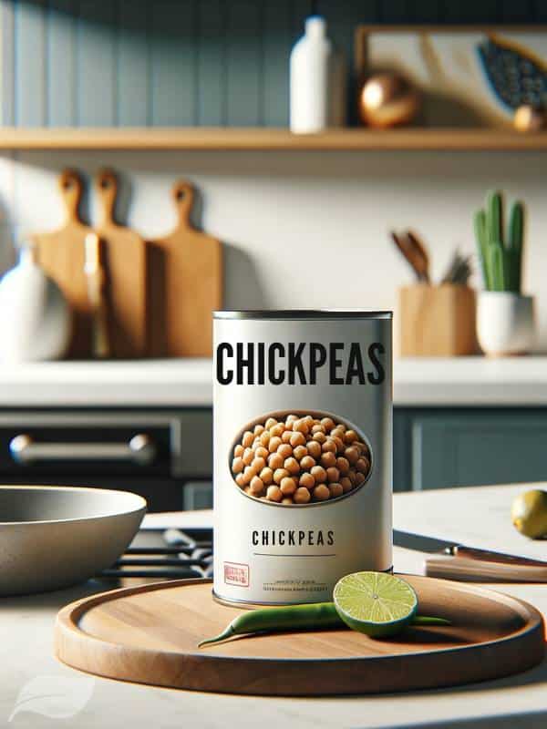 A close-up image of a can of chickpeas on a kitchen counter with a modern aesthetic.