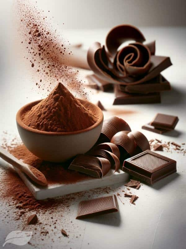 A delightful and artistic image of cocoa powder and chocolate shavings, arranged creatively. The cocoa powder is dusted artistically on a white surface