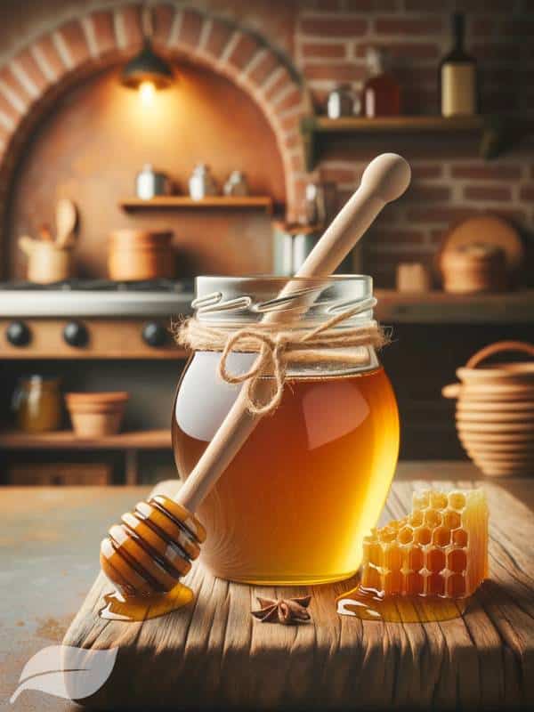 A jar of honey, an ingredient for Traditional Tuscan Panforte.