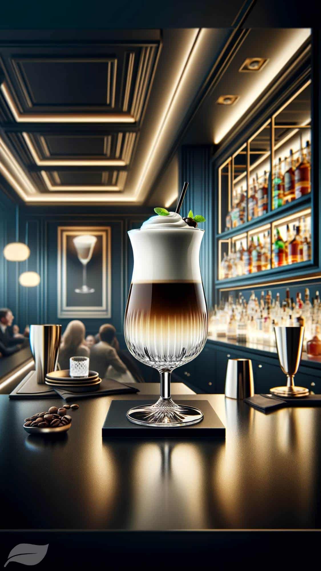 A luxurious and sophisticated vertical image showcasing a White Russian cocktail, elegantly displayed in a high-quality glass