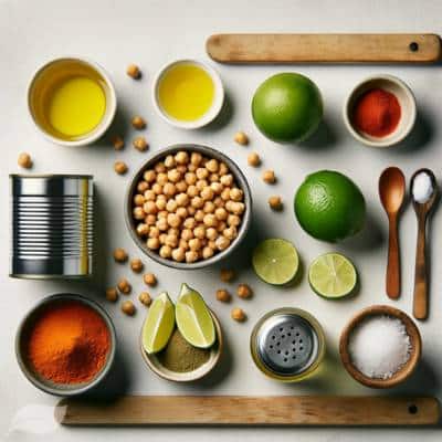 A neatly arranged, top-down view of the ingredients required for Chili-Lime Roasted Chickpeas. Include a can of chickpeas, a bottle of olive oil