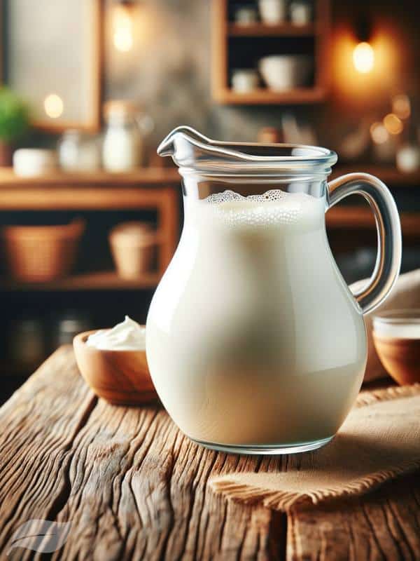A refreshing and wholesome image of heavy cream or milk in a clear glass pitcher.