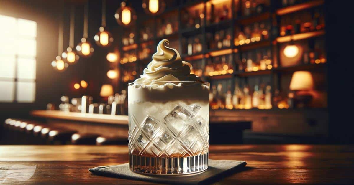 A stylish and inviting image of a White Russian cocktail. The cocktail is in an old-fashioned glass, filled with ice and garnished with a swirl of cream