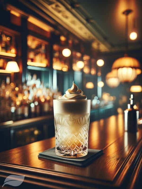 A stylish and inviting vertical image of a White Russian cocktail. The cocktail is presented in an old-fashioned glass, filled with ice and topped with cream