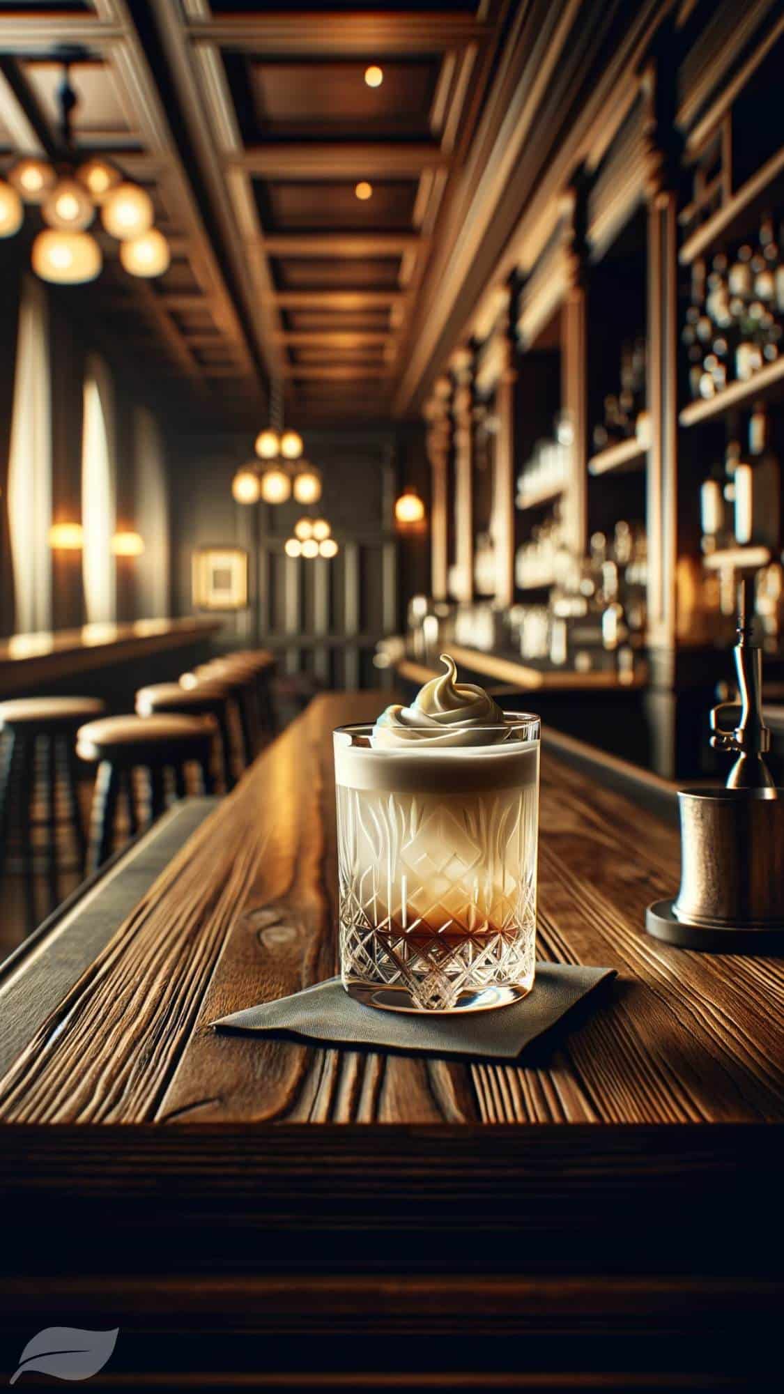 A stylish and inviting vertical image of a White Russian cocktail. The cocktail is presented in an old-fashioned glass, filled with ice and topped with heavy cream
