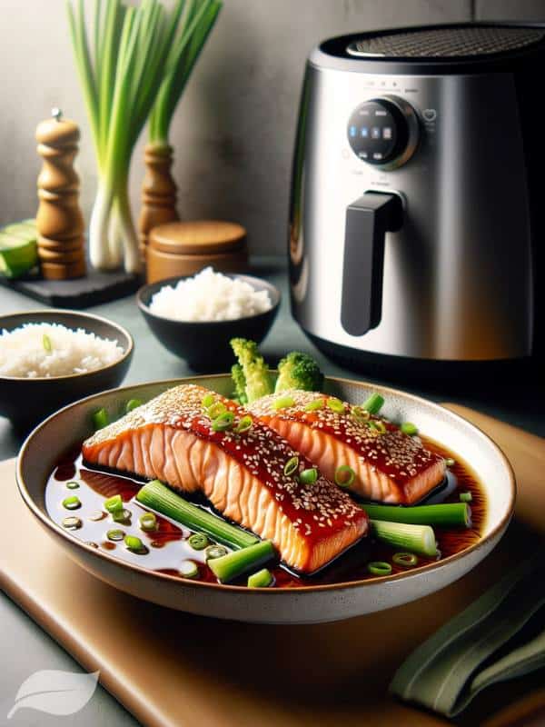 Air Fryer Teriyaki Salmon, elegantly presented with a glossy teriyaki glaze on top.