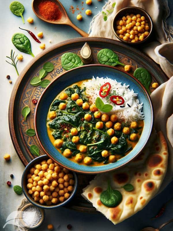 Chickpea and Spinach Curry recipe article. displaying a beautifully arranged plate of chickpea and spinach curry
