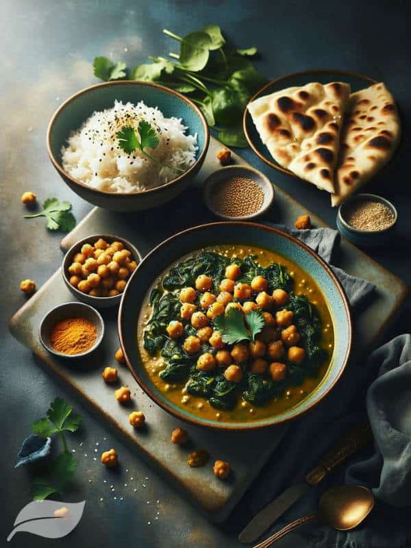 Chickpea and Spinach Curry recipe. The image displays a sumptuously plated Chickpea and Spinach Curry