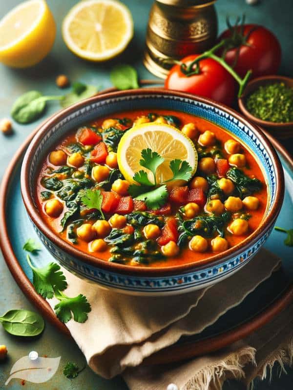 Chickpea and Spinach Curry recipe. a beautifully presented bowl of Chickpea and Spinach Curry