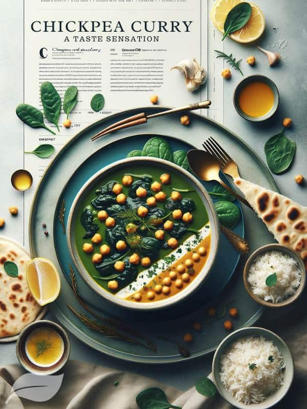 Chickpea and Spinach Curry recipe. showcaseing an beatifully plated Chickpea and spinach curry