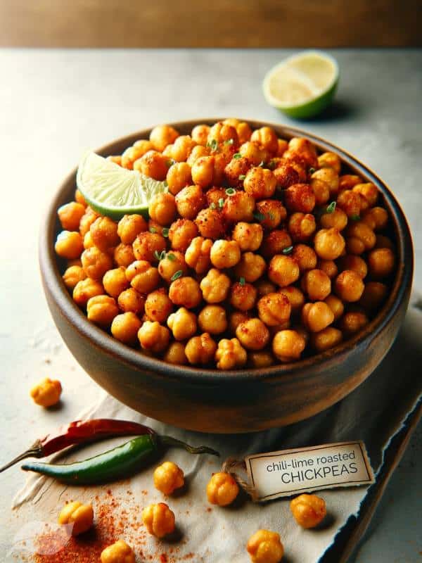 Chili-Lime Roasted Chickpeas in a rustic bowl with chili