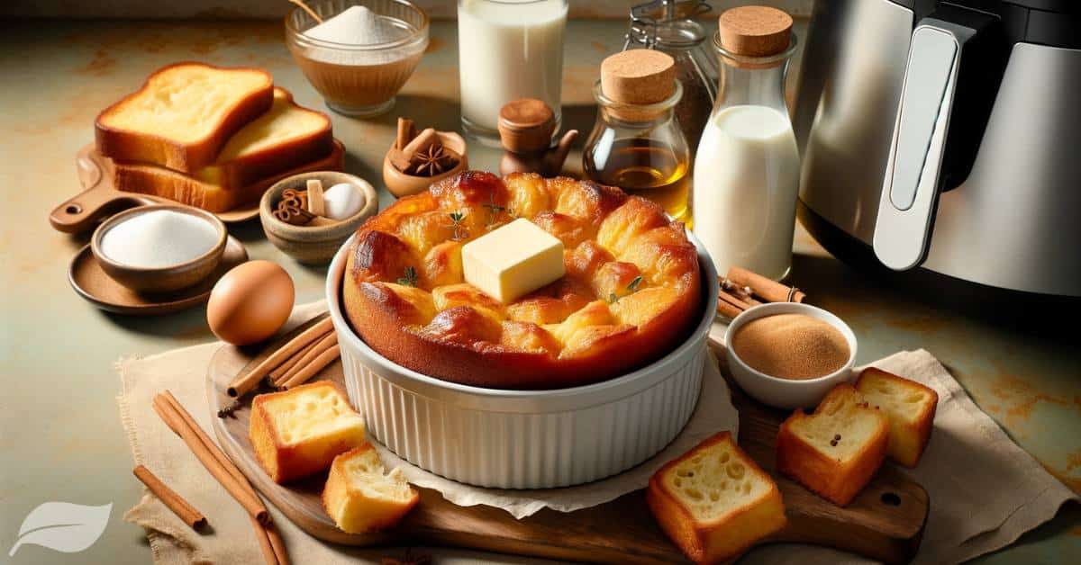 The pudding is prominently displayed in the center, with a beautifully golden-brown crust. Surrounding the dish are ingredients like slices of bread, butter, eggs, milk, sugar, vanilla extract, an