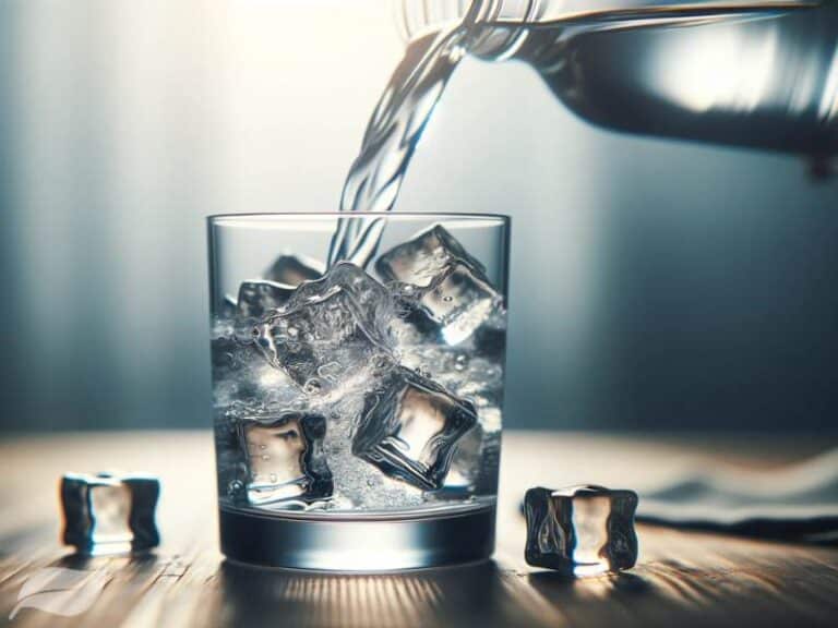 Vodka being poured into a glass filled with ice cubes, creating an aesthetic and refreshing scen