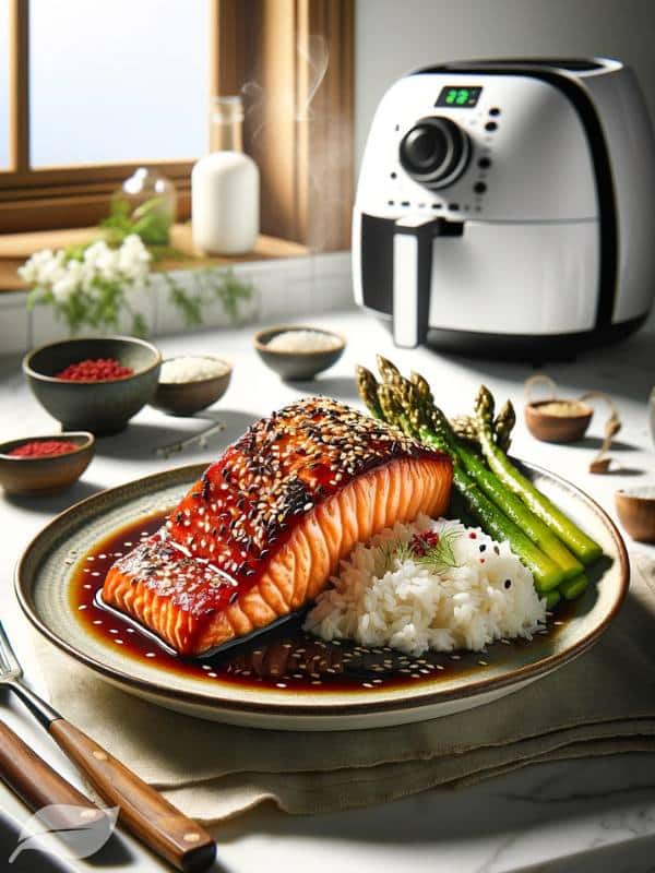 a beautifully plated Air Fryer Teriyaki Salmon, showcased with a vibrant teriyaki glaze.