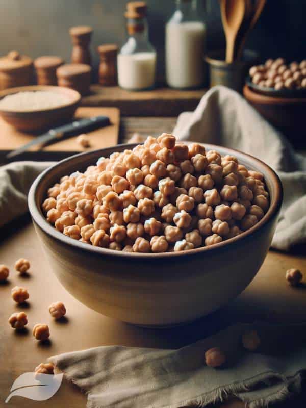 a bowl of drained chickpeas, set against a kitchen background