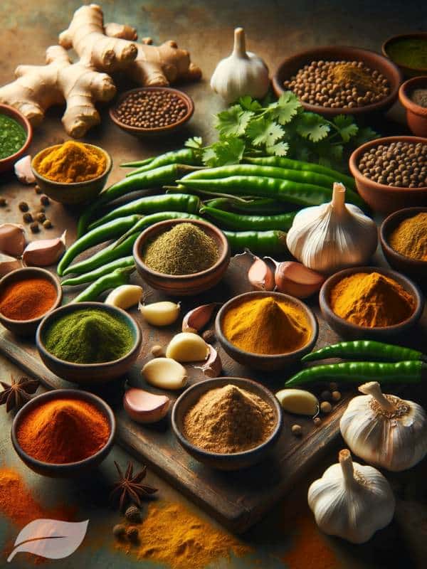 a collection of spices and ingredients including ginger, garlic, green chilies, cumin seeds, coriander powder, turmeric powder