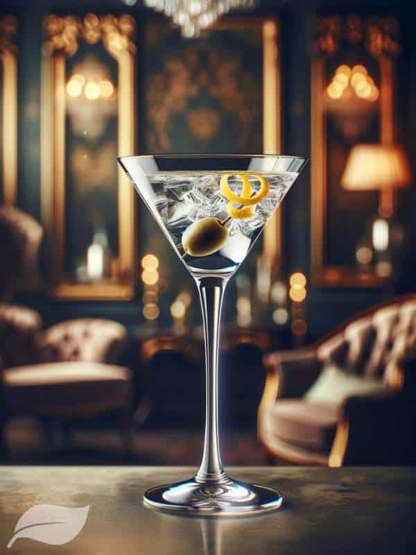 a crystal clear martini in a classic martini glass, garnished with a lemon twist and an olive.