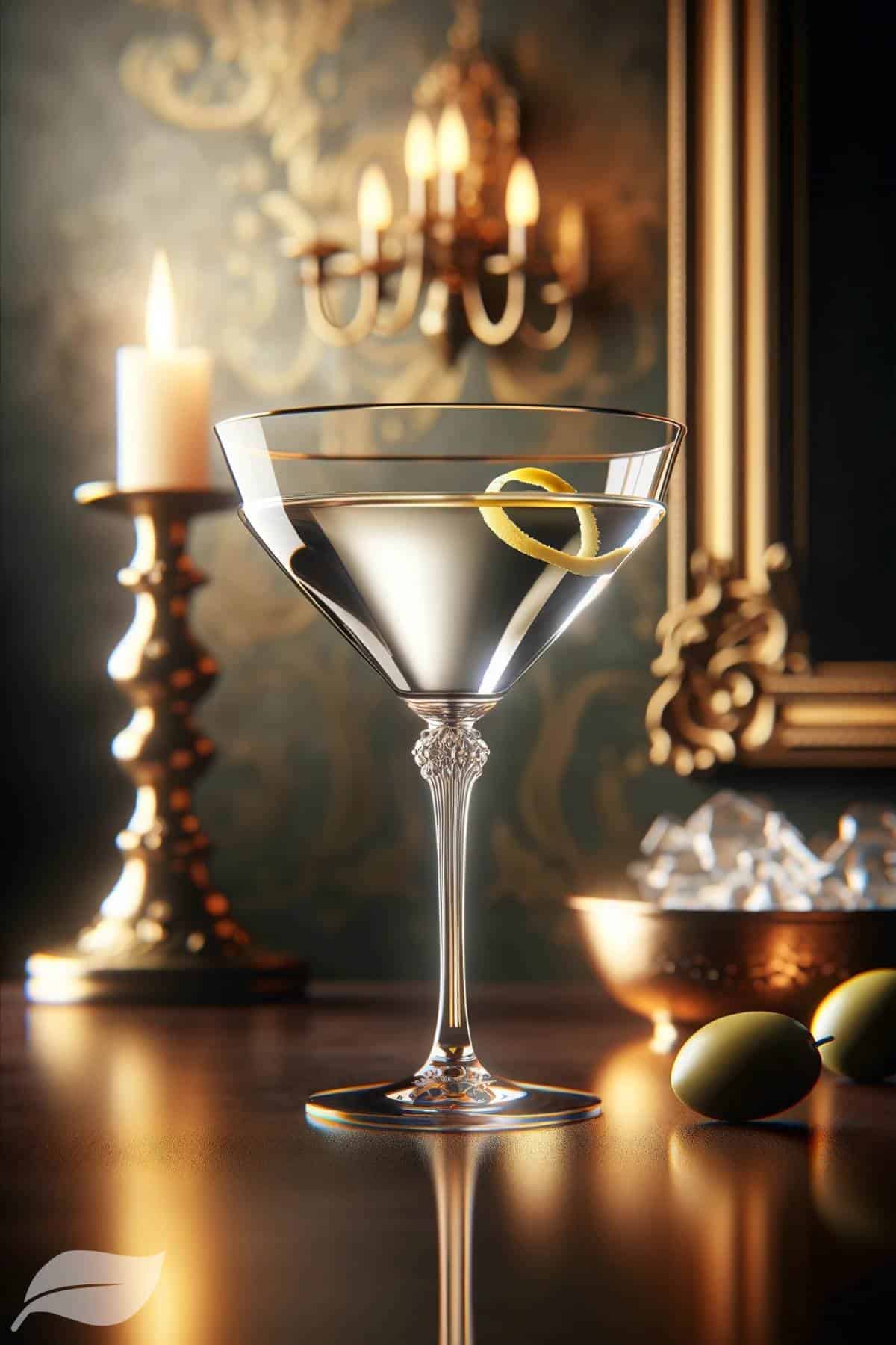 a crystal clear martini in a classic martini glass, garnished with a lemon twist
