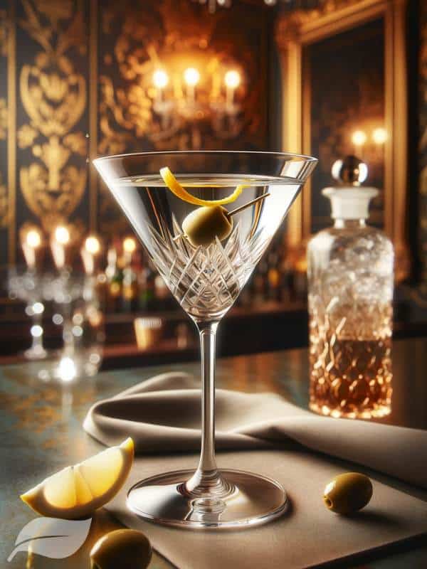 a crystal clear martini in a glass The colors are rich but not overpowering, creating a sense of refinement and class