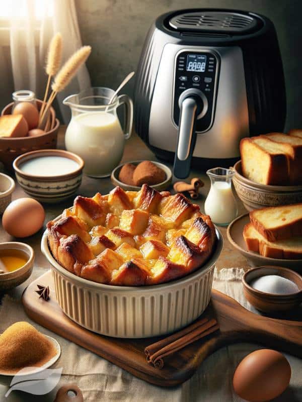a delectable serving of Air Fryer Bread and Butter Pudding on a quaint kitchen table.