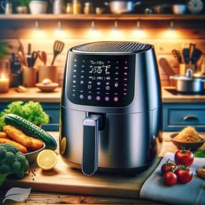 a modern, high-quality air fryer on a kitchen counter with preset temperature